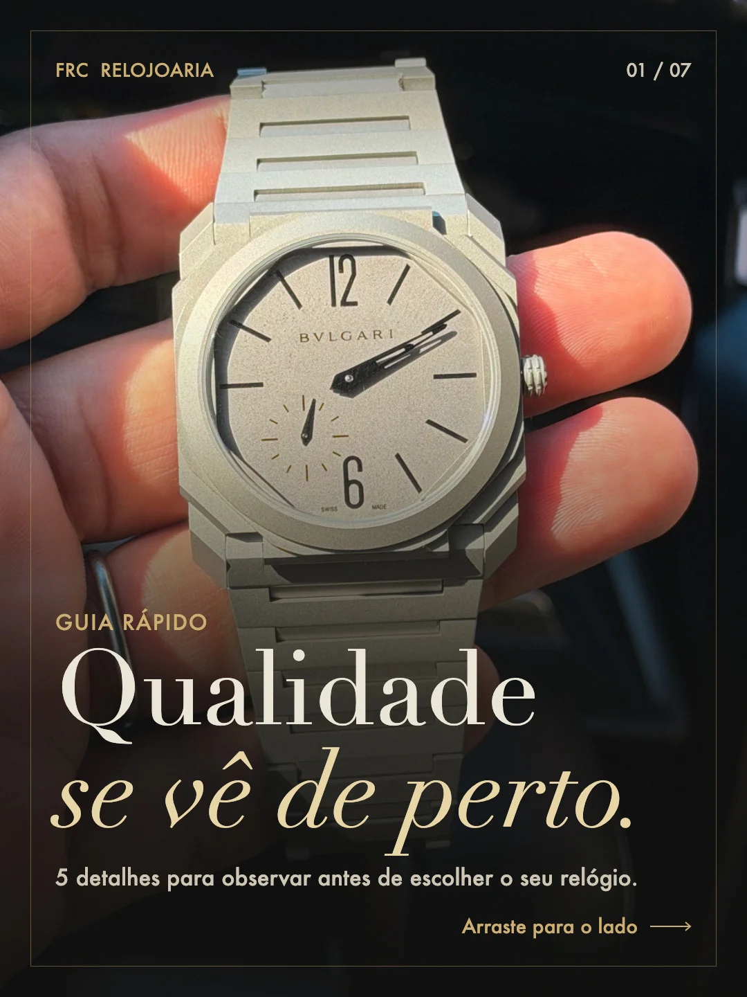 Detalhes do mostrador e da pulseira de um Bvlgari Octo, fotografado pela FRC