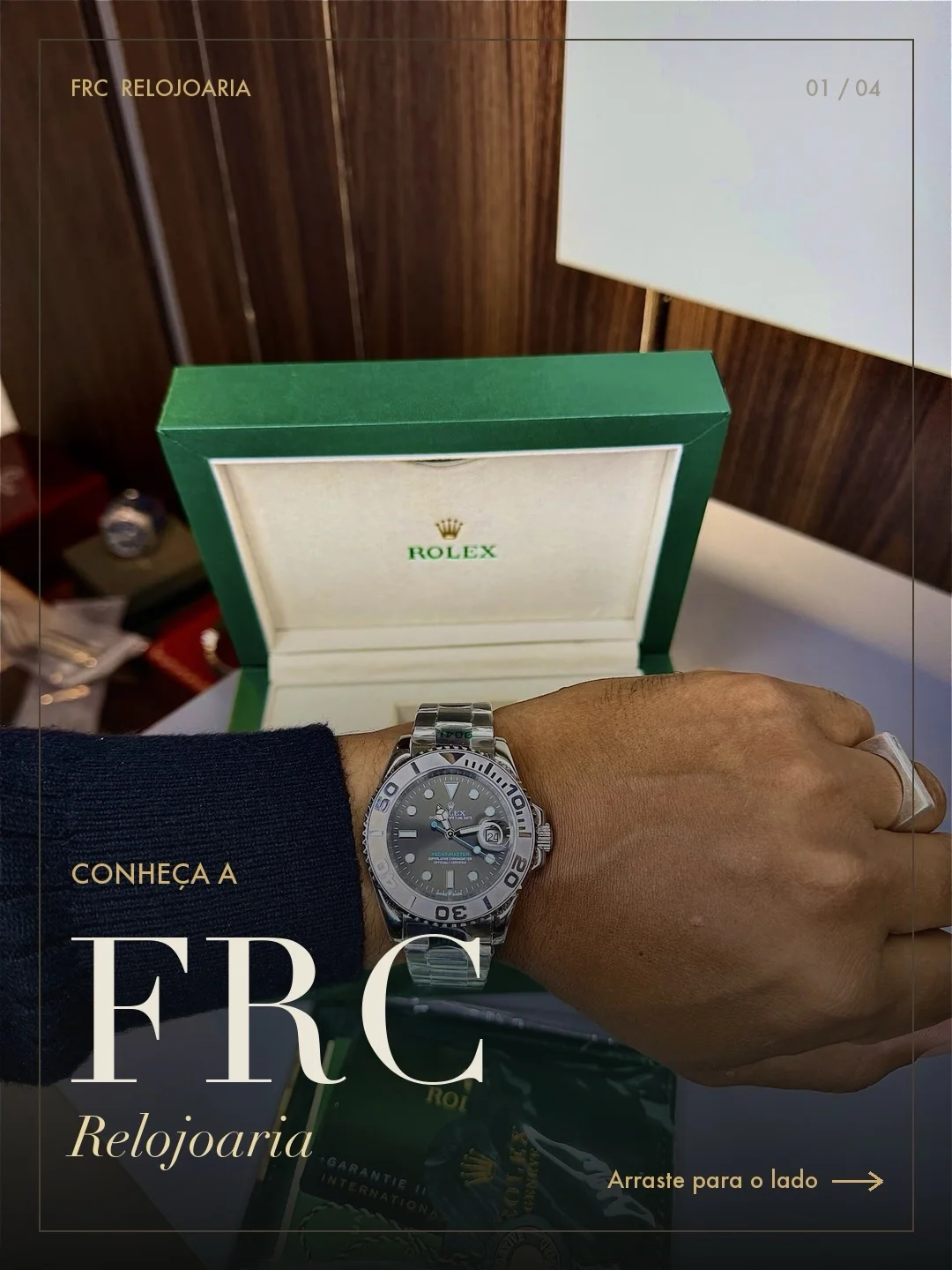 Publicação da FRC apresentando a relojoaria e um relógio no pulso